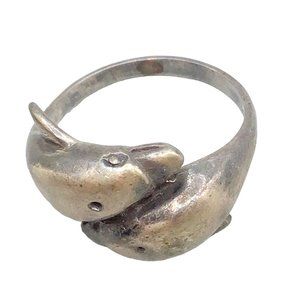 Wrap Dolphins Ring Size 7.25 Sterling Silver Bypass Style Double Dolphin Ring
